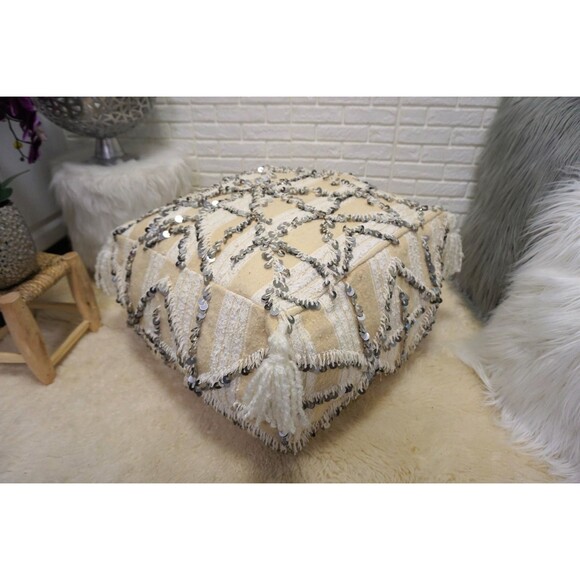 Moroccan Vintage Pouf, Handira Pouf Floor Pillow, Berber Ottoman - Picture 4 of 10